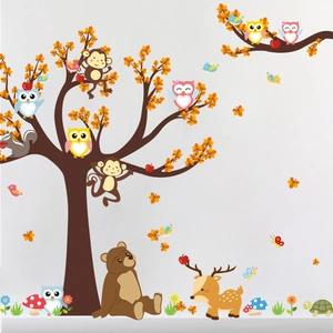 Cartoon forest animals and big tree wall stickers for kids nursery bedroom decor
