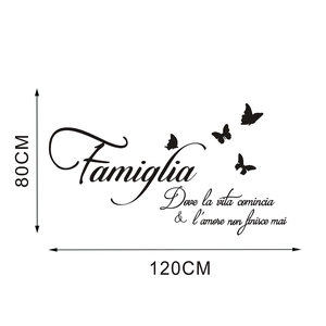 Wandtattoo Famiglia mit Schmetterlingen und Zitaten aus schwarzem PVC, Größe 120x80 cm