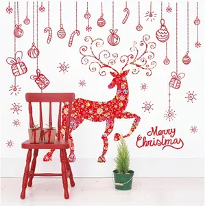 Red Christmas Elk Wall Sticker Merry Christmas PVC Removable Window Decal Festive Reindeer Snowflake Home Shop Decor