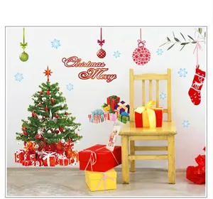 Christmas Santa wall sticker set with colorful trees, gifts, and festive decor for home
