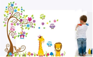 Colorful animal wall stickers with giraffe lion tree for kids room home decor