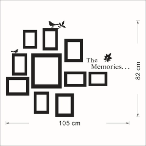 Bird and photo frame wall decals set with The Memories text measuring 105x82 cm