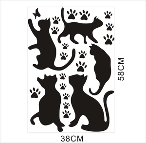 58x38cm wall sticker set featuring black cat silhouettes, paw prints, and butterfly