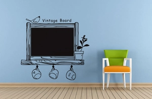 Vintage Board wall decal with birds and potted plants on a light blue interior wall