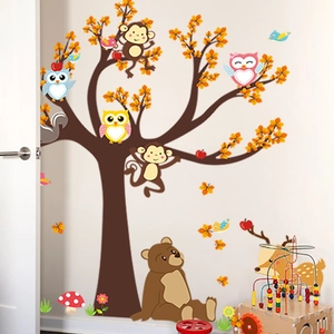 Cartoon forest animals and big tree wall decals for nursery and kids' bedroom decoration