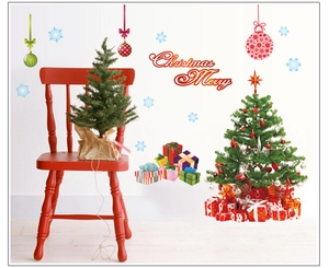 Removable PVC Santa Christmas tree wall stickers with festive ornaments for home decoration