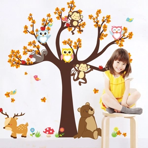 Forest animal wall decal with cartoon owl, monkey, and tree for nursery decor