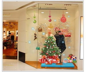 Christmas Merry window wall decals with Santa, festive tree and colorful snow ornaments
