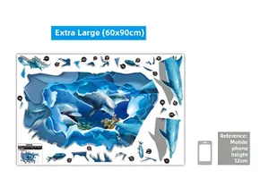 Detailed 60x90cm layout of a 3D blue dolphin wall sticker with ocean breaking wall effect