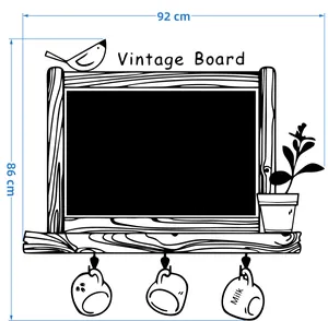 Detail of vintage bird chalkboard wall sticker dimensions 92x86 cm with hooks and cup