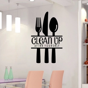 Kitchen wall decal featuring cutlery silhouettes and Clean Up After Yourself slogan