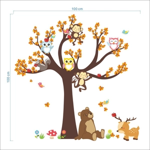 Detailed view of forest animals and tree wall sticker with 100cm dimensions