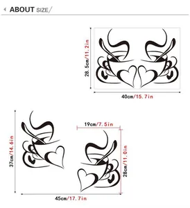 Tableau des tailles pour stickers muraux tasse de café et cœur en cm et pouces