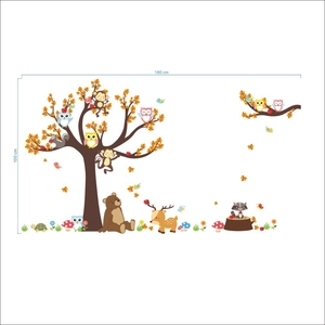 Detailed layout of forest animal wall decals featuring trees and bears in 180x100cm size