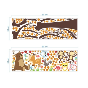 Detailed 30x90cm sheet layout of autumn forest animal wall stickers with owls and bears