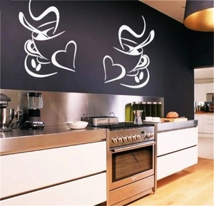 Minimalist heart coffee cup wall stickers for kitchen decor on a dark background