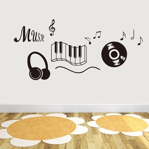 Music wall stickers with notes, headphones and piano keyboard for room decor