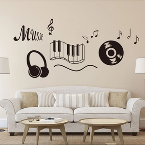 Modern black music wall decals featuring notes, piano keys and headset for living room decor