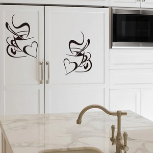 Modern heart coffee cup wall stickers for kitchen cabinets and refrigerator decor