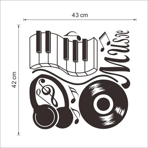 Detail showing music wall sticker dimensions 43x42cm with piano keys and headphones
