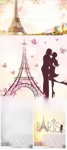 Dettaglio degli adesivi murali Torre Eiffel con sagome di coppia e farfalle rosa