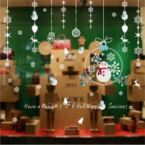 Stickers muraux de Noël bonhomme de neige avec rennes et flocons de neige