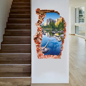 3D broken wall sticker featuring colorful mountain lake landscape and brick wall effect