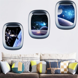 Set of three 3D outer space faux window wall decals showing Earth and ISS from a spacecraft