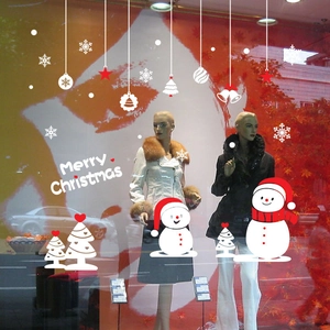 Stickers de Noël bonhomme de neige avec texte Merry Christmas et flocons pour vitrines