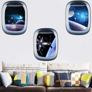 Set of 3D galaxy space wall stickers featuring spaceships and planets in faux window frames