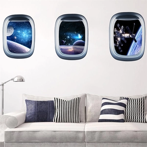 Three-piece set of 3D galaxy wall stickers showing deep space views through fake windows