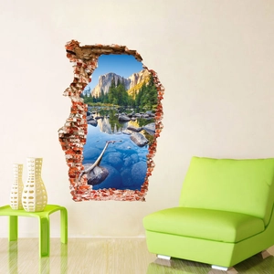 3D wall sticker with snowy mountain lake landscape in realistic broken brick wall frame