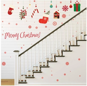 Merry Christmas wall decal set with red socks and gift boxes for window decoration