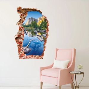Detailed 3D wall sticker featuring snowy mountains and pine forest on white wall