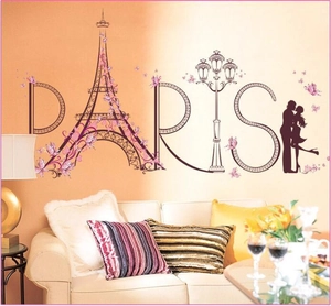 Adesivo murale romantico Torre Eiffel Parigi con silhouette di coppia per soggiorno