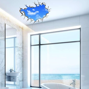 3D sky and clouds ceiling sticker with realistic cracked wall effect for home decor