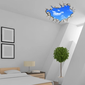 Creative 3D broken wall sky decal showing blue clouds in a modern bedroom setting