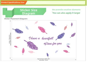 Detailed size guide for DIY Morandi feather wall stickers showing 150cm by 100cm layout