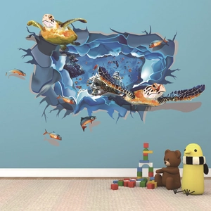 Sticker mural 3D créatif tortues de mer et poissons pour décoration intérieure