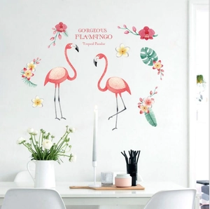 Stickers Muraux Flamants Roses et Plantes Tropicales Style Nordique PVC Imperméable Décalcomanies Amovibles Décoration Murale