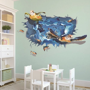 Stickers muraux 3D créatifs montrant des tortues et la vie marine traversant les murs