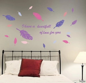 Romantic feather wall stickers with heartful love quote for bedroom sofa backdrop decoration