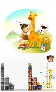 Cartoon giraffe height chart wall sticker for kids room with animals and measurement scale