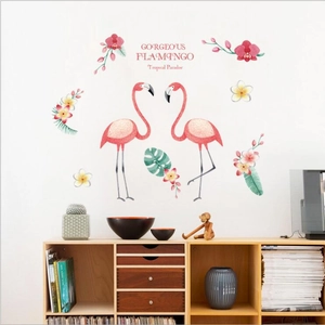Stickers muraux flamant rose style nordique avec fleurs tropicales pour déco de chambre