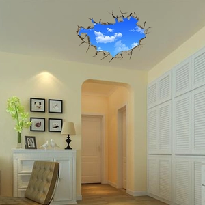 Detailed 3D wall sticker featuring blue sky and clouds in a living room interior scene