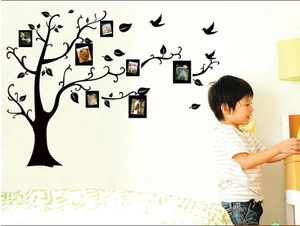 Family tree wall decal with photo frames and birds for living room home decor