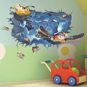 Vue détaillée des stickers muraux 3D vie marine avec tortues de mer et poissons