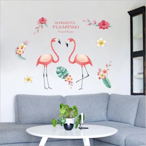 Stickers muraux flamants roses modernes avec fleurs tropicales pour décoration