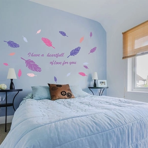 Romantic colorful feather wall stickers with 'heartfull of love' text for bedroom decor