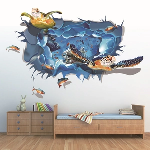 Stickers muraux 3D tortue de mer océan avec effet mur brisé pour décor de maison